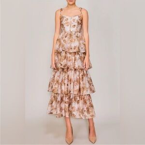 MELLODAY Floral Tiered Maxi Dress Champagne Wedding Size Large